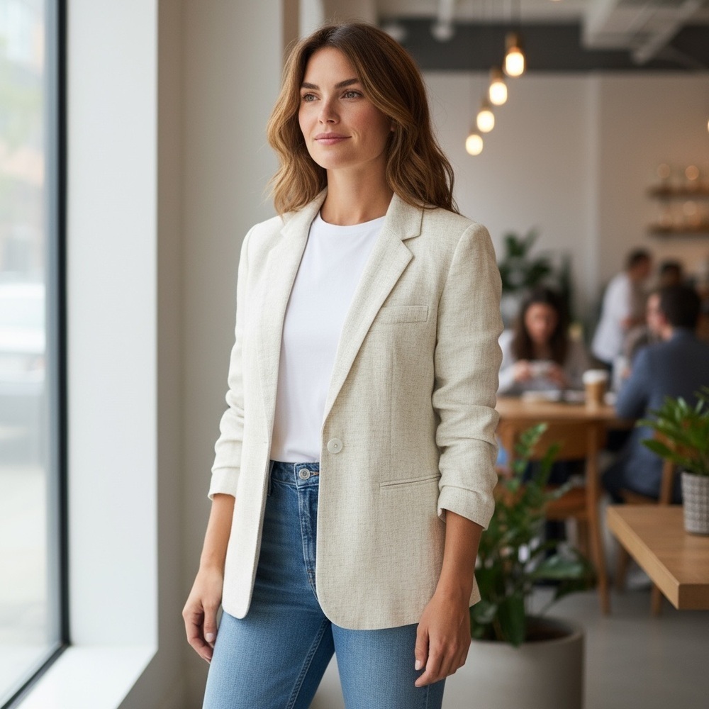 Vintage Linen Blazer Jacket Longline Jacket Neutral Spring Top Lightweight Layer